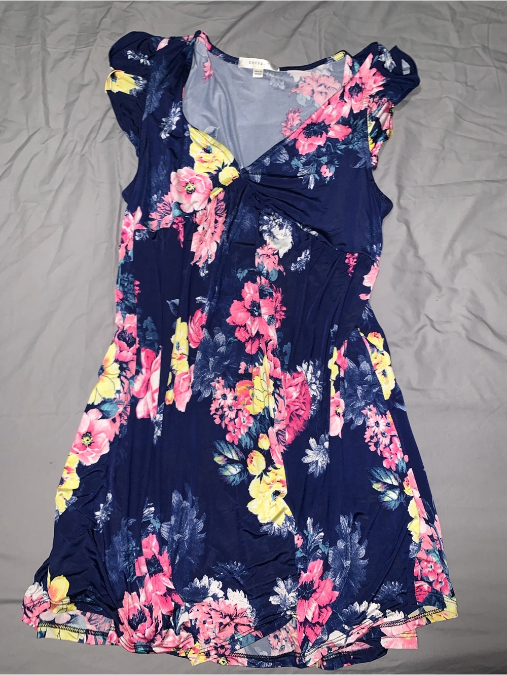 Emerald Navy Floral Mini Dress with Pink & Yellow Blooms